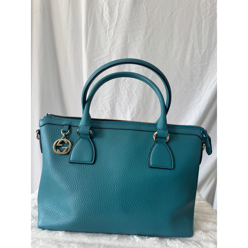 Gucci Leather Interlocking G Charm Tote Bag Teal Blue 449659#836